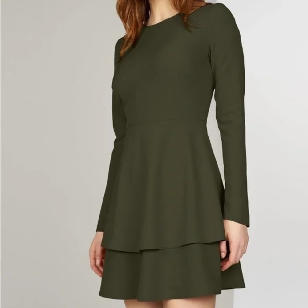 Hutch‎ Cami Mini Dress Long Sleeves Green Tiered Layered Womens 2 Round Neck